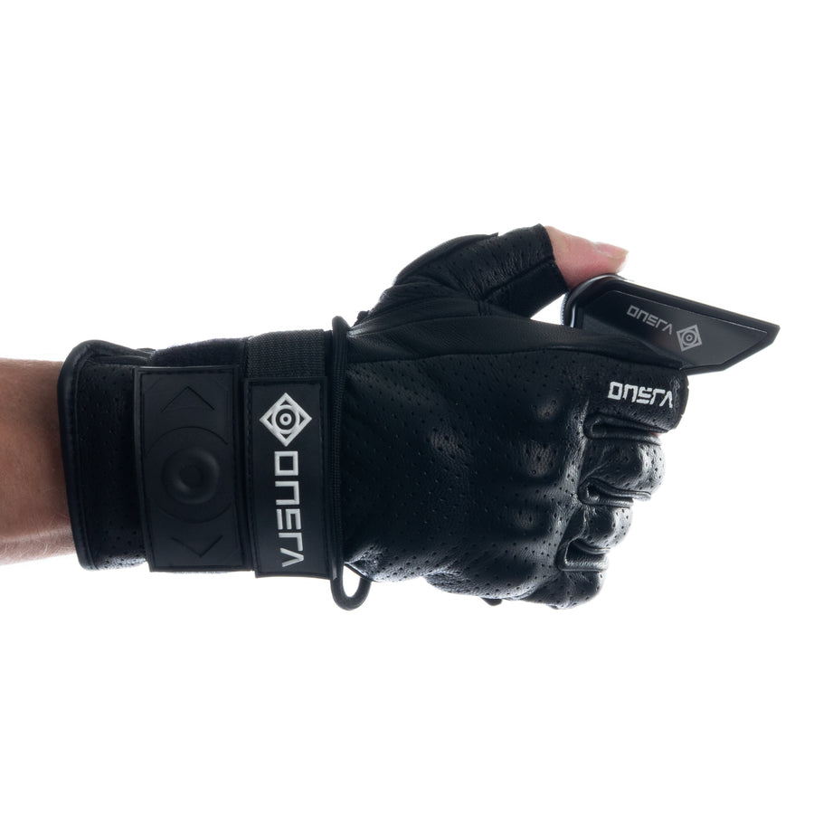 Black ONSRA RACE e-skate glove with wrist guard, side view on hand