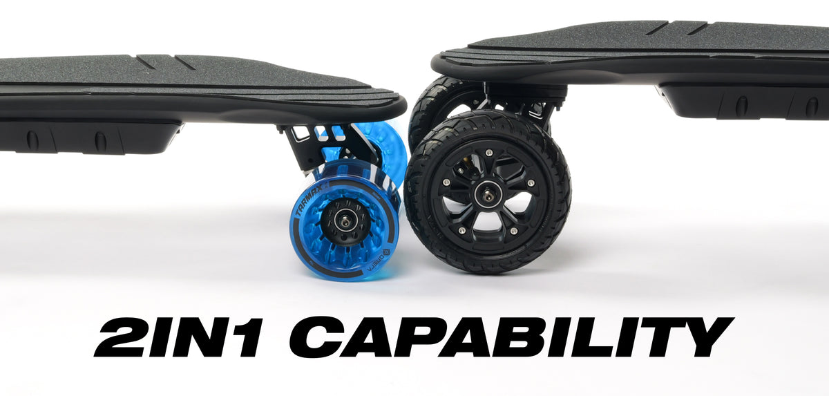 ONSRA Challenger Pro Street 2-in-1 capability: street wheels and all-terrain wheels on one board
