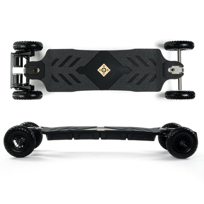 ONSRA BLACK Carve 4 premium electric longboard with a flexible bamboo deck, Gear Drive drivetrain, 14S battery, precision trucks, and all-terrain wheels, shown in a side profile.