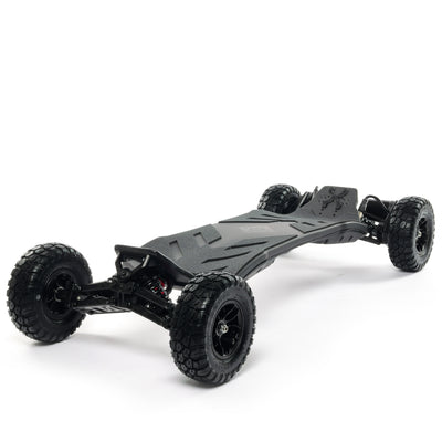 VELAR off-road electric longboard with full suspension, CNC-machined suspension trucks, and large all-terrain tires for a smooth and controlled ride over rough terrain.