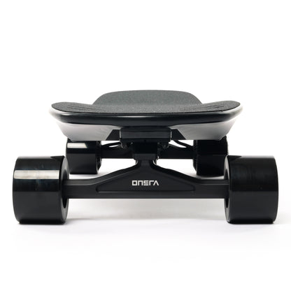 ZENO electric skateboard with lightweight carbon fiber and wood kicktail deck, stealthy hub motors, 14S power system, and swappable 99Wh travel battery — a super powerful yet portable electric longboard for commuting and travel.