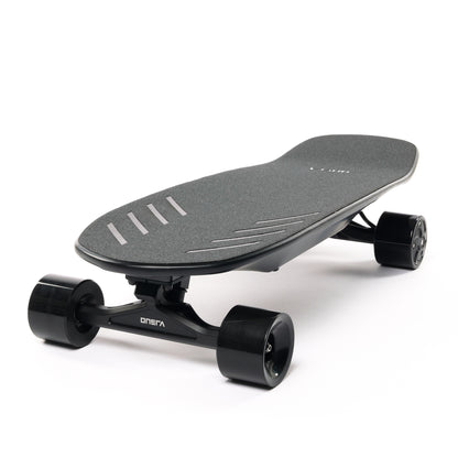 ZENO electric skateboard with lightweight carbon fiber and wood kicktail deck, stealthy hub motors, 14S power system, and swappable 99Wh travel battery — a super powerful yet portable electric longboard for commuting and travel.